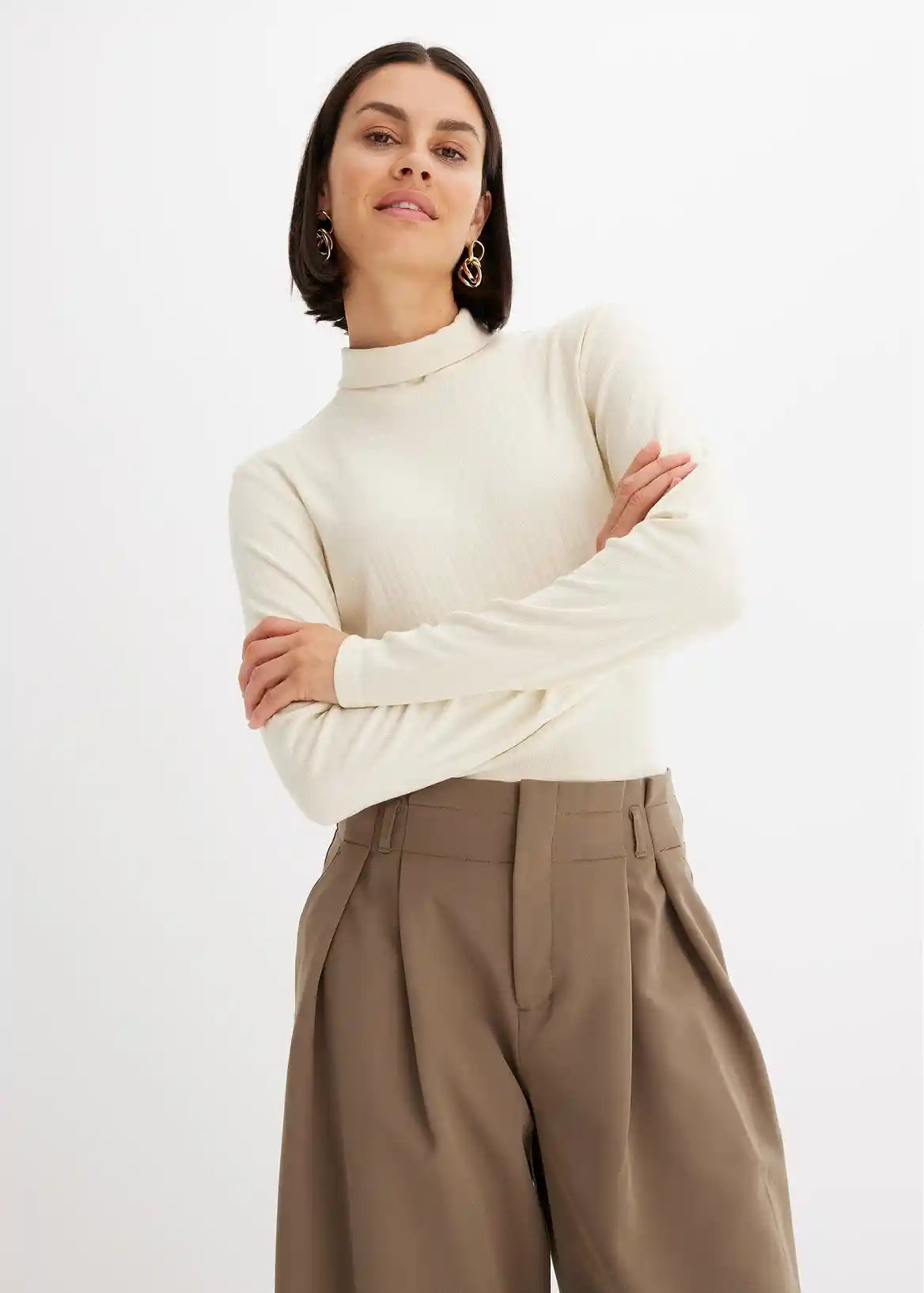 Rippshirt mit Rollkragen und langem Arm - beige - Damen | bonprix | Bonprix DE