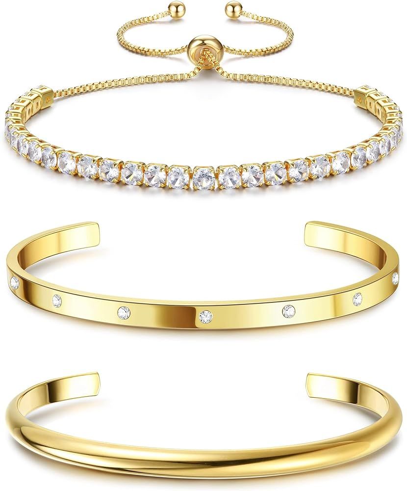 Fansilver 14K Gold Bracelets for Women Trendy Bangle Cuff Chain Bracelets Set Gold Plated Papercl... | Amazon (US)