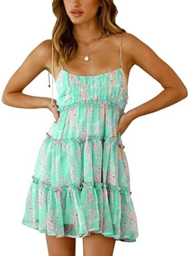 Loccysu Womens Floral Flowy Dress Summer Casual Spaghetti Strap Sleeveless Wedding Guest Tiered R... | Amazon (US)