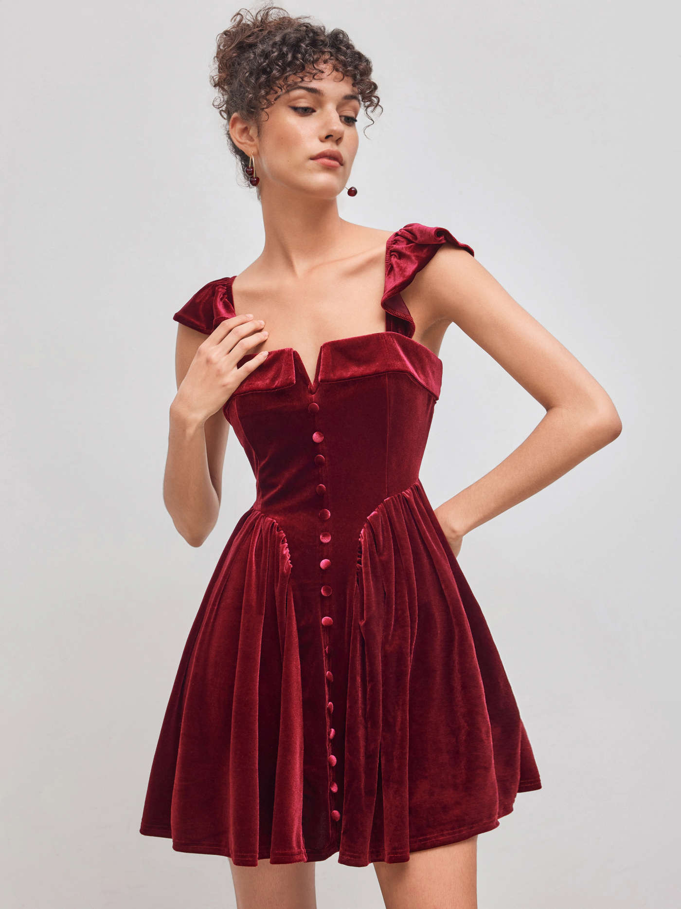 Velvet Square Neck Solid Ruffle Zipper Mini Dress | Cider