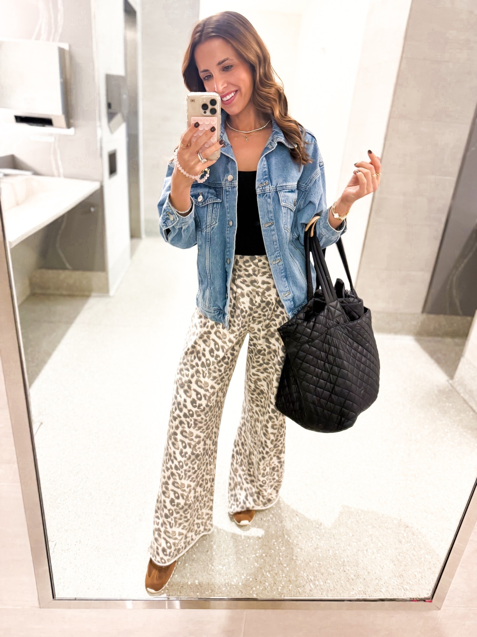 My travel outfit of the day! Leopard trouser style sweatpants in XXS regular. Denim jacket in XXS petite. Tory Burch suede sneakers are SO comfy! I went up half a size! Fall outfit. Airport outfit. MZ Wallace quilted travel tote. 


#LTKTravel #LTKgrwm #LTKootd