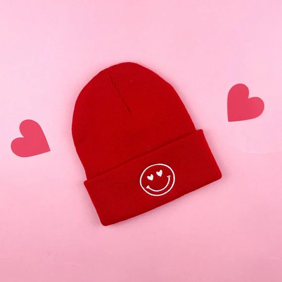 Beanie - Heart Eyes Smiley - Bright Red w/ White | Valentine Beanie | Valentine Gift | Little Kid... | Etsy (US)