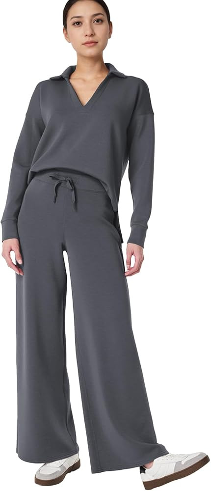 Ainangua Womens Fashion 2 Piece Outfits Set Casual Long Sleeve Polo Top Wide Leg Pants Matching S... | Amazon (US)