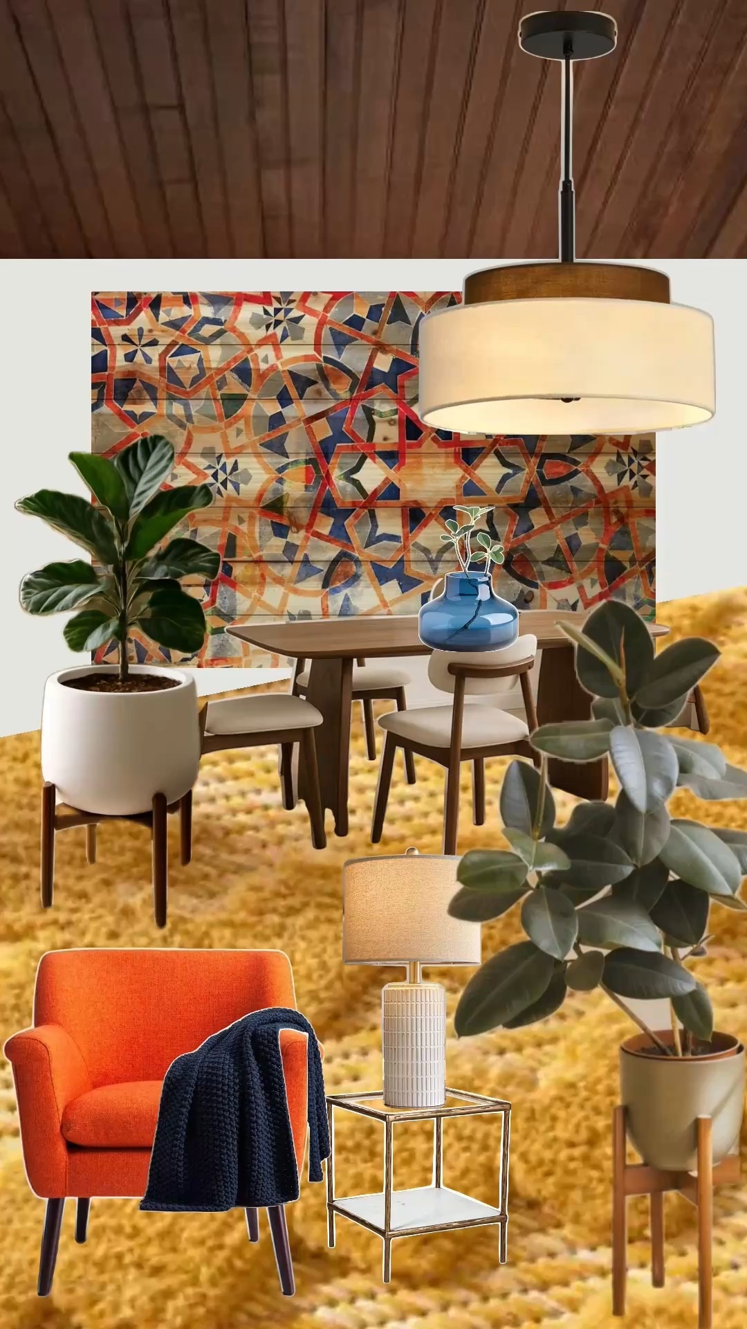 If you love mid century modern decor, warm neutral interiors, colorful statement art, and organic modern design elements, this collage is full of inspiration. Perfect for dining room makeover ideas, open concept living spaces, and anyone looking to mix bold patterns with warm wood tones.

#LTKHome