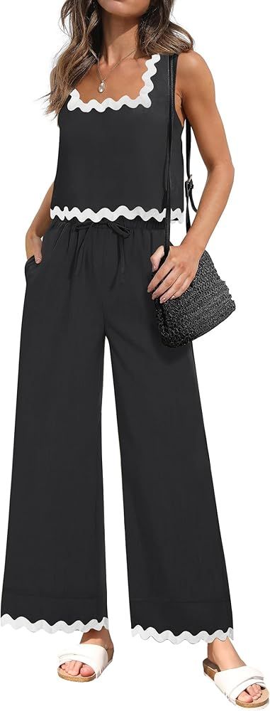 ZESICA Summer Two Piece Sets for Women Linen Tank Top and Wide Leg Pants Matching Lounge Sets Vac... | Amazon (US)