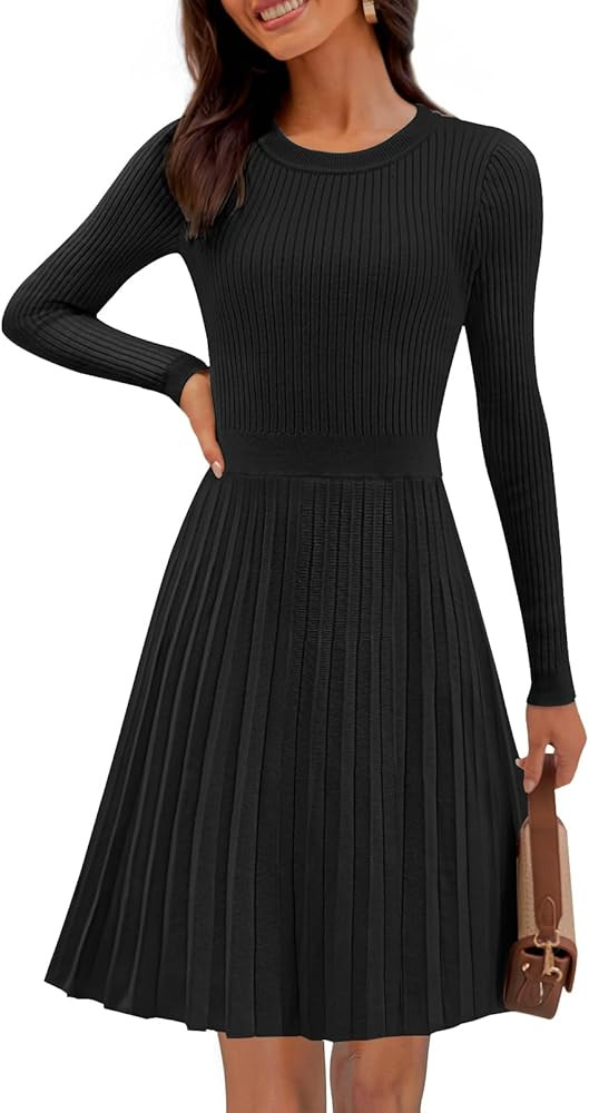 MEROKEETY Women's 2024 Long Sleeve Mini Sweater Dress Crewneck Ribbed Knit A Line Pleated Swing S... | Amazon (US)