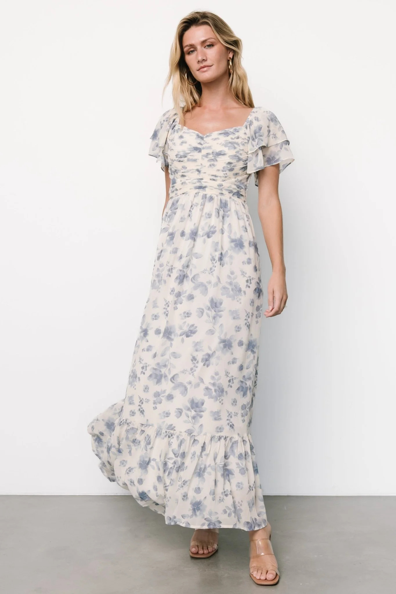 Juliana Pleated Top Dress | Ivory + Blue Floral | Baltic Born