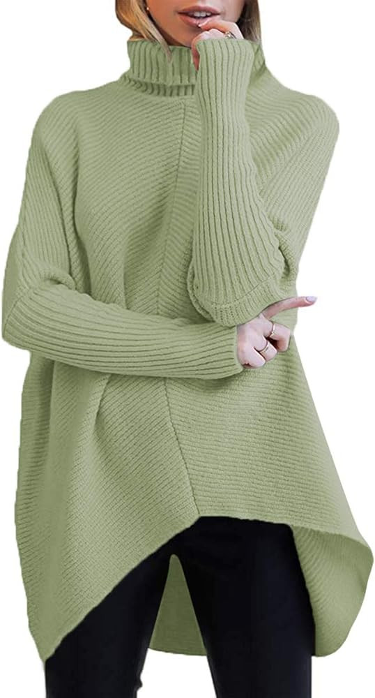 ANRABESS Womens Turtleneck Long Batwing Sleeve Asymmetric Hem Casual Pullover Sweater Knit Tops | Amazon (US)