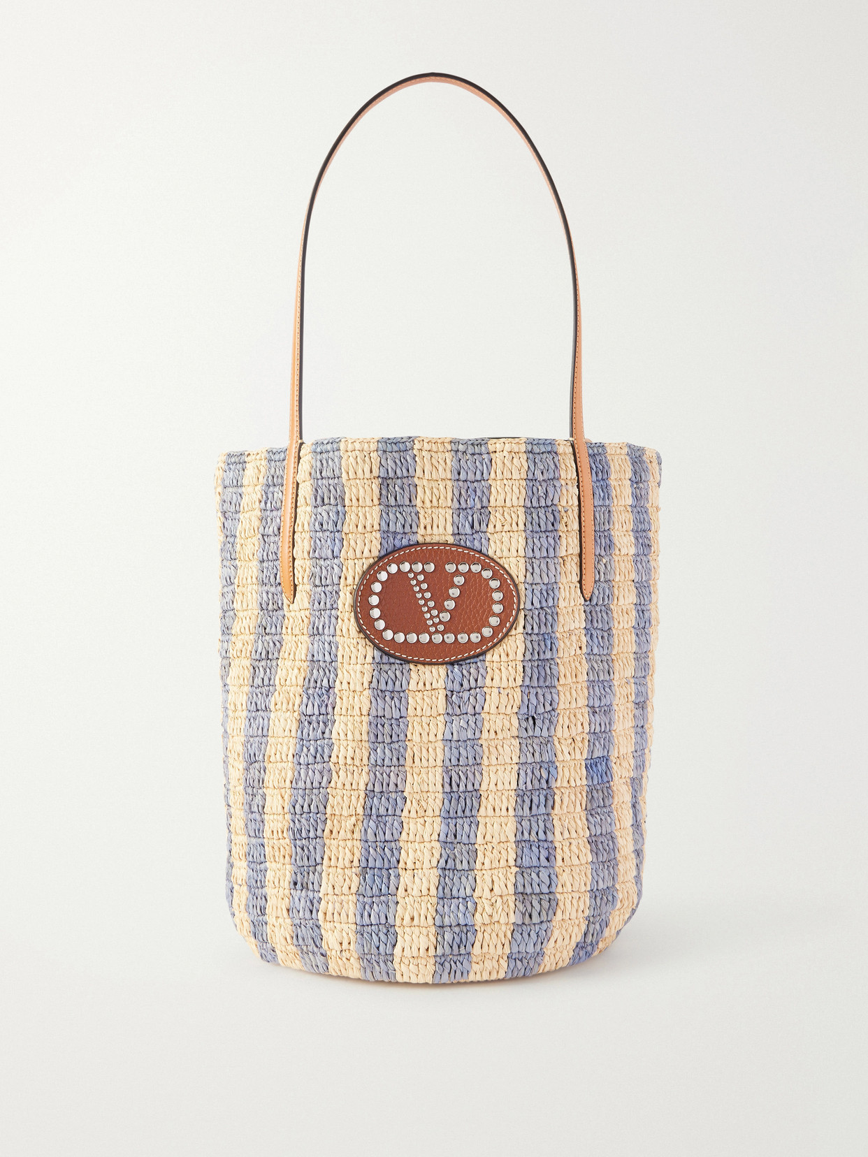 Valentino Garavani - Vlogo Signature Small Embellished Leather-trimmed Striped Raffia Bucket Bag - Blue | NET-A-PORTER (US)