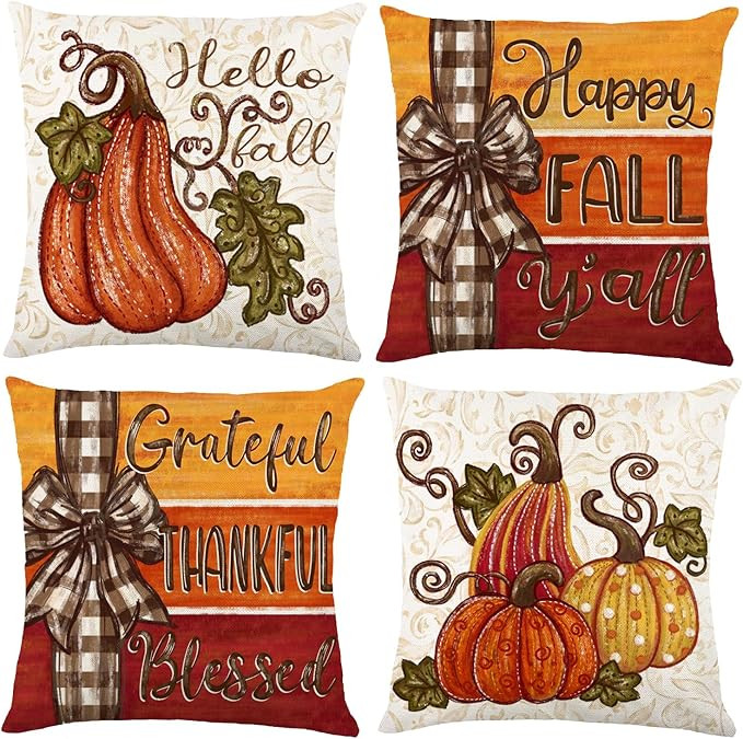 4pcs Fall Thanksgiving Pillow Covers 18x18in, Pumpkin Happy Fall Thankful Grateful Blessed Harves... | Amazon (US)
