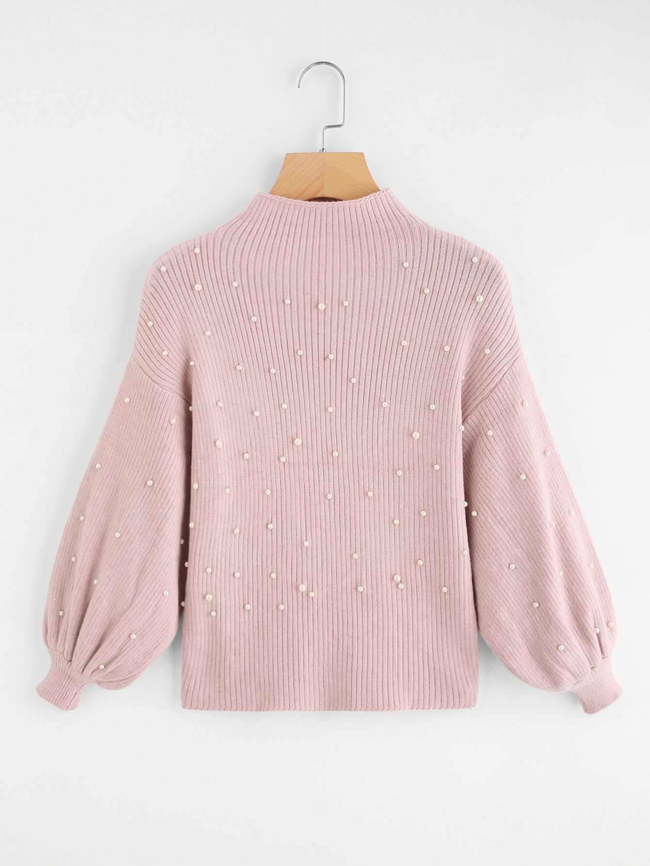 Pearl Beading Mock Neck Balloon Sleeve Jumper | SHEIN