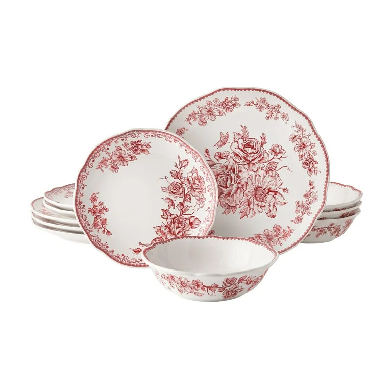 The Pioneer Woman Agatha 12-Piece Stoneware Dinnerware Set, Red | Walmart (US)