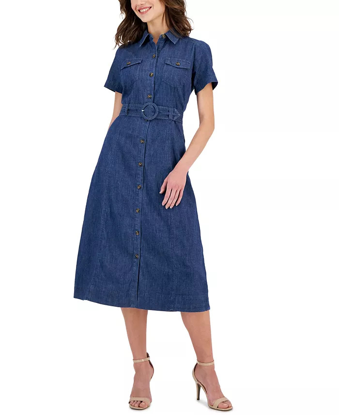 Women's Denim Belted Short-Sleeve Midi Shirtdress | Macys (US)