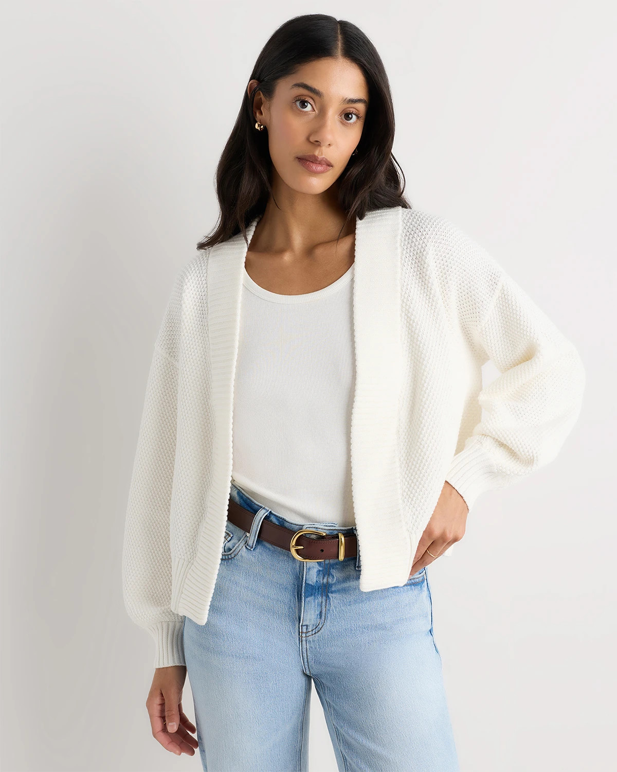 Quince | Women's Waffle Stitch Open Cardigan Sweater in Ivory, Size Small, Organic Cotton | Quince