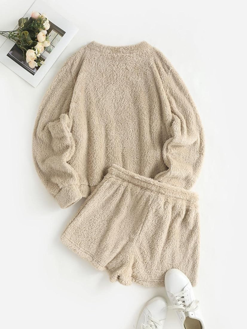 ZAFUL Women's Fuzzy Lounge Casual Pajamas Sets Long Sleeve Fleece Pullover and Pants Set 2 Piece ... | Amazon (US)