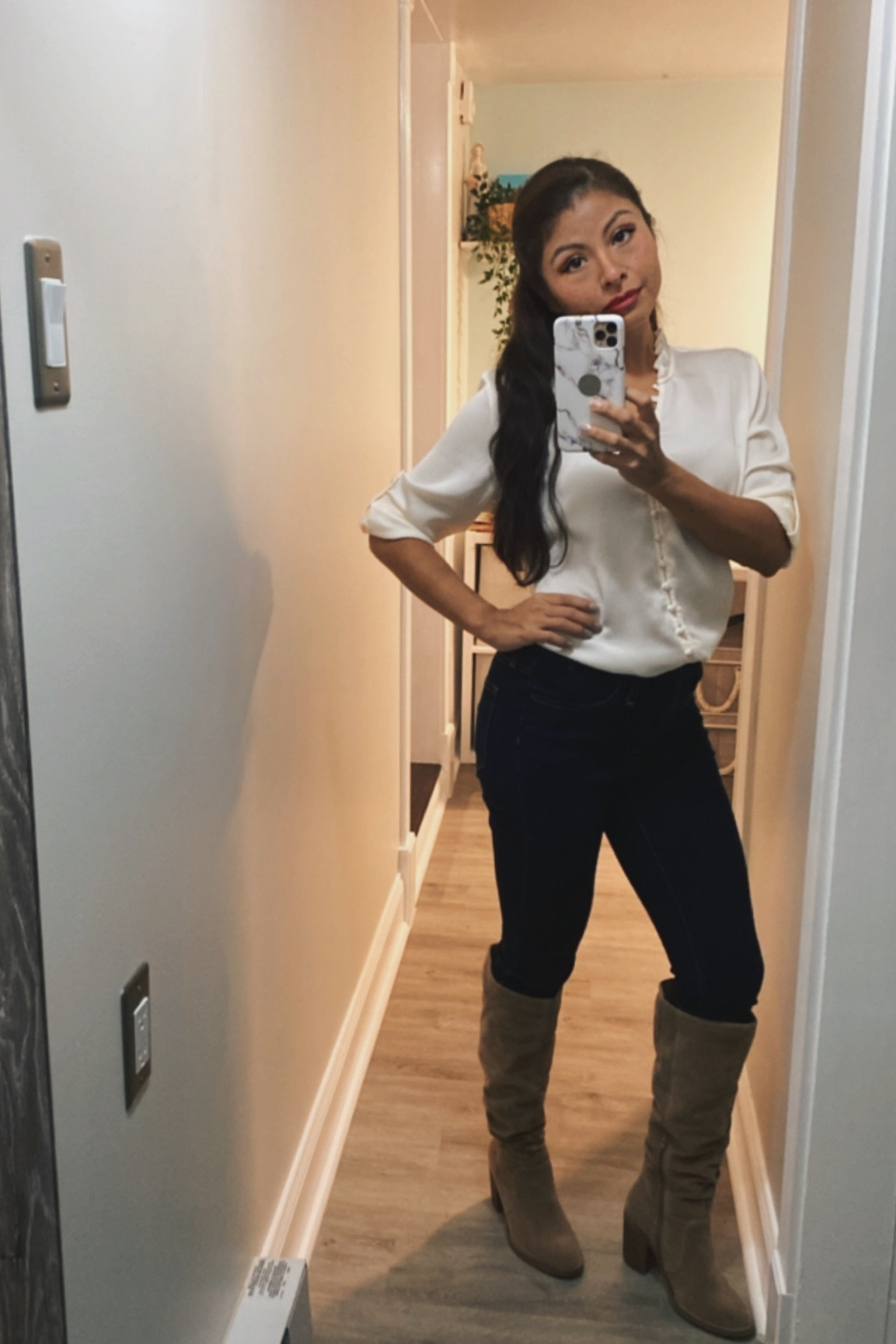 Thanksgiving Outfit:
Ruffled button up shirt, blue jeans, and taupe high knee boots.

#LTKHoliday #LTKsalealert #LTKCyberWeek