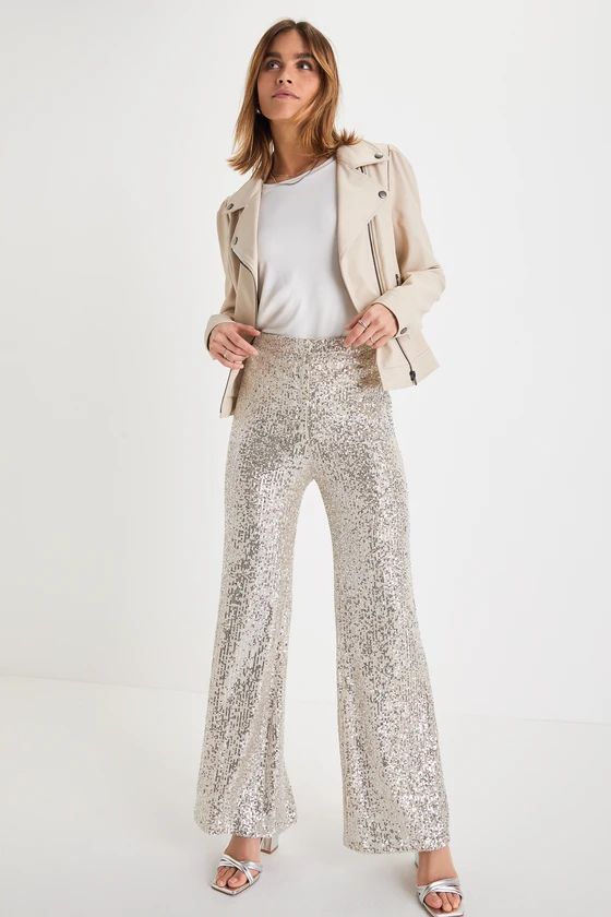 Sparkly Session Beige Sequin High Rise Wide-Leg Trousers | Lulus (US)