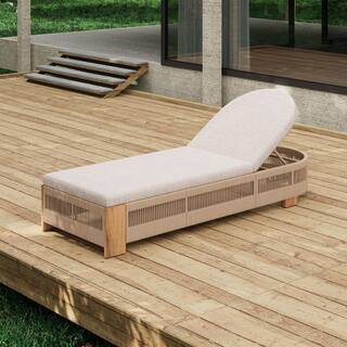 Selma Solid Wood and Rope Woven Metal Outdoor Patio Chaise Lounge with Beige Cushion, Teak Finish... | The Home Depot