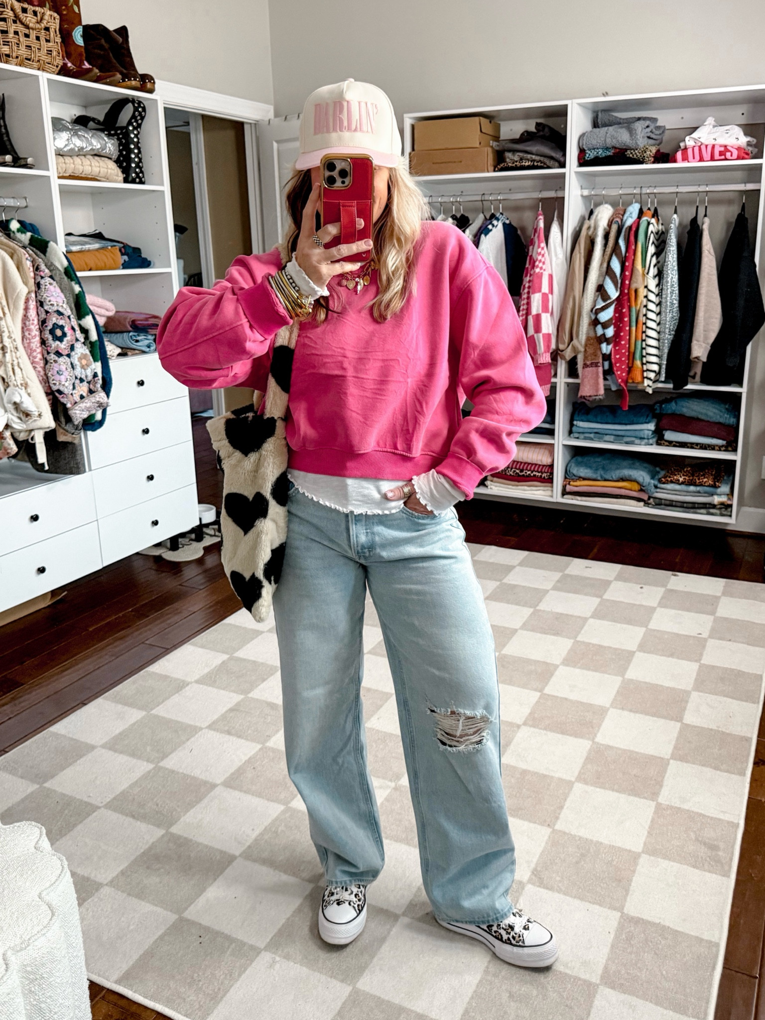 Cool Mom Fit 🩷👖🐆
Sweatshirt sized up to a large 
Long sleeve tee small
Jeans true to size 
Sneaks I sized down 
✨Charm necklace & checkered ring are @shopbeljoy save with code MANDIE25 


#LTKFindsUnder50 #LTKStyleTip #LTKOver40