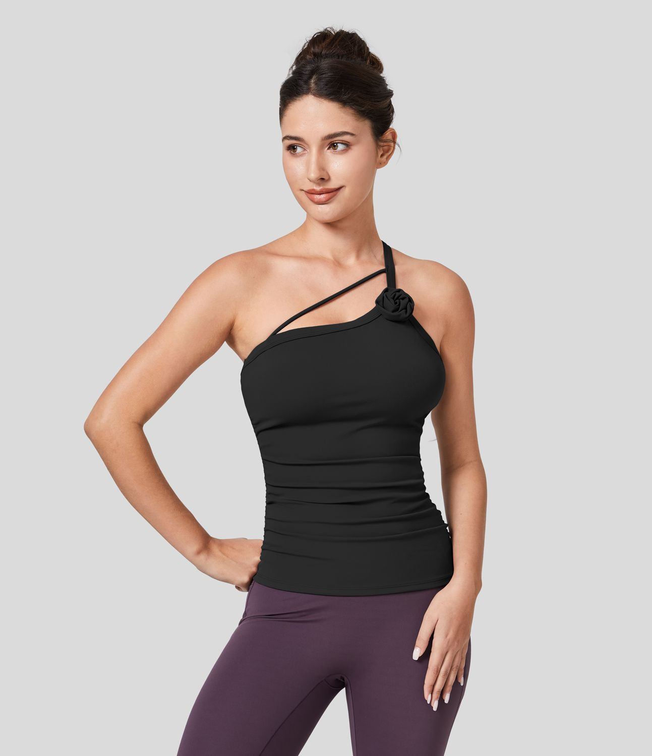 Women’s One Shoulder Backless Rosette Ruched Yoga Cami Top - Halara | HALARA