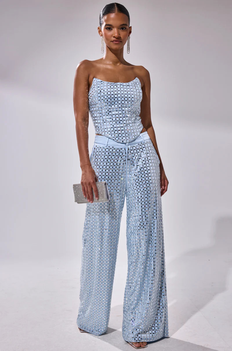 AKIRA Lila Embellished Satin Trouser Pants | Light Blue | Size 1X | AKIRA
