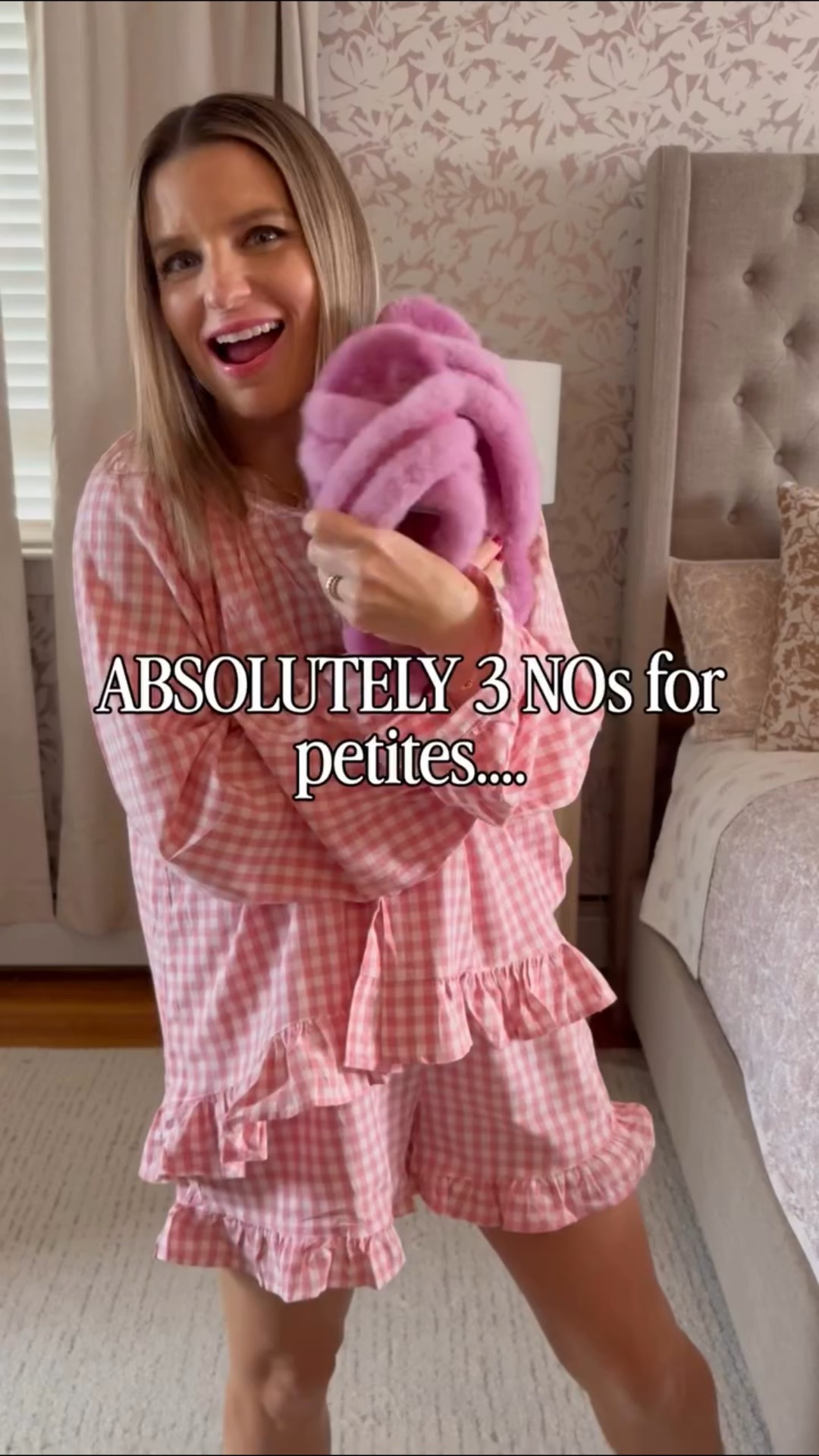 Absolutely 3 NOs for petites:

❌Ultra-low rise pajama bottoms
Low-rise PJ pants sit on the hips instead of the waist, instantly shortening your leg line and making your torso look longer 
✅ Mid- to high-rise pajama bottoms with a defined waistband 

❌High-contrast color blocking (top vs bottom)
Strong contrast cuts the body in half. 
✅ Monochrome or low-contrast outfits elongate you.

❌Huge, busy prints
Oversized florals, bold abstract prints, or super-contrasty patterns overpower a petite frame and visually shrink you. 
✅ smaller prints, gingham! 

Comment PETITE for a 🔗 

#petitestyle #stylehacks #petitetips #whattowear #petitepjs petitepajamas pajamas pjs ootd gingham trendy lounge