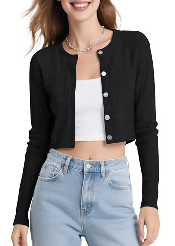 Urban CoCo Women's Button Down Crew Neck Cropped Cardigan Lightweight Shrug Kint Sweater (Black, L) | Amazon (US)