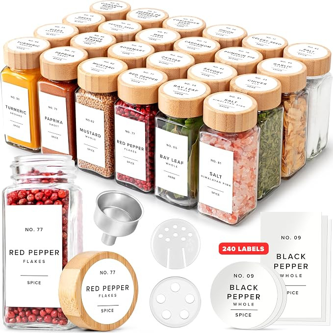 EDELHAUS® Square Spice Jars with Bamboo Wooden Lid (Pack of 24) Spice Jars with Shaker Insert an... | Amazon (US)