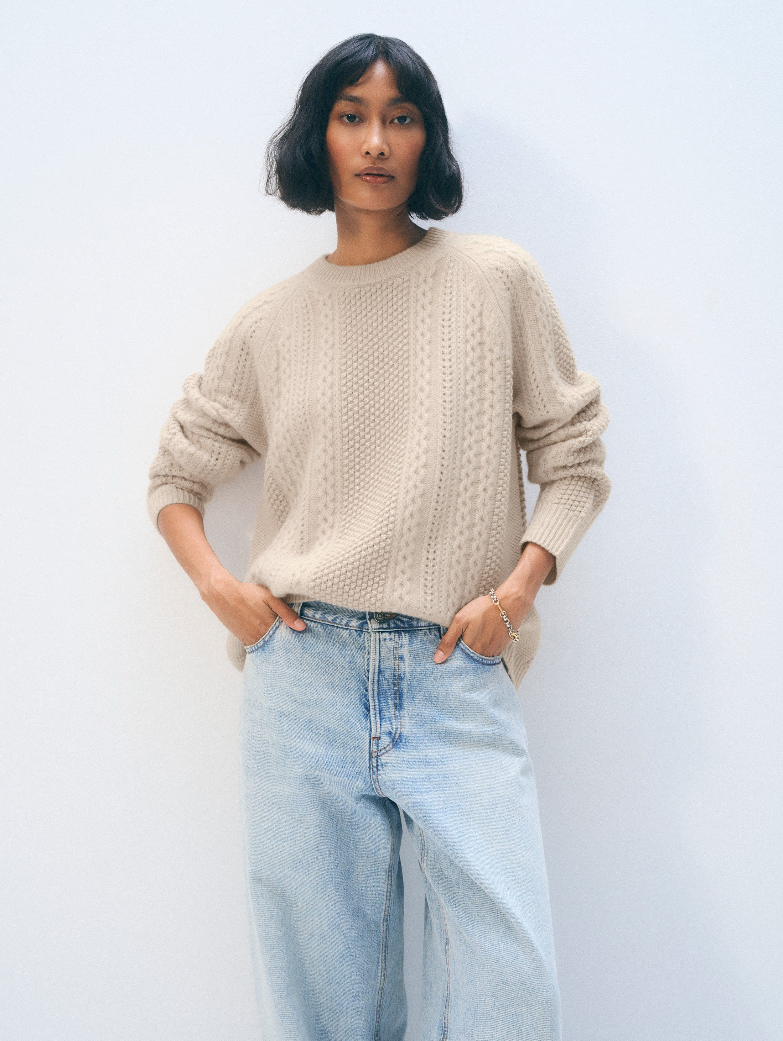 Cashmere Luxe Cable Crewneck | Natural Heather | White and Warren