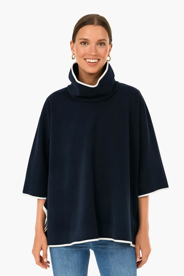 Navy Leather Trim Funnel Neck Piper Poncho | Tuckernuck (US)