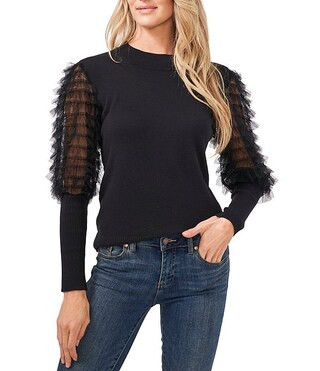 Long Volume Sleeve Ruffled Tulle Crew Neck Statement Sweater | Dillard's