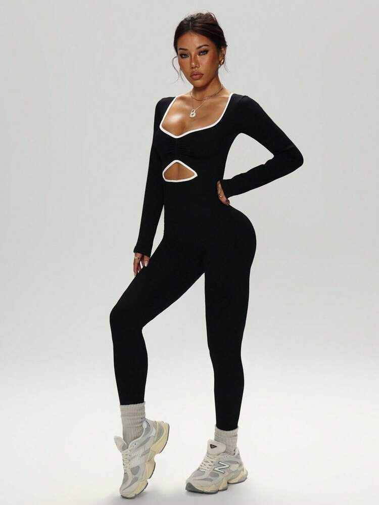 Dewbera Women's Contrast Color Design Sexy Figure-Flattering Sports Fitness Yoga Jumpsuit Gym Jumpsuit Active Wear Jumpsuit Seamless Jumpsuit Woman Workout Jumpsuit Black Cutout Jumpsuit | SHEIN