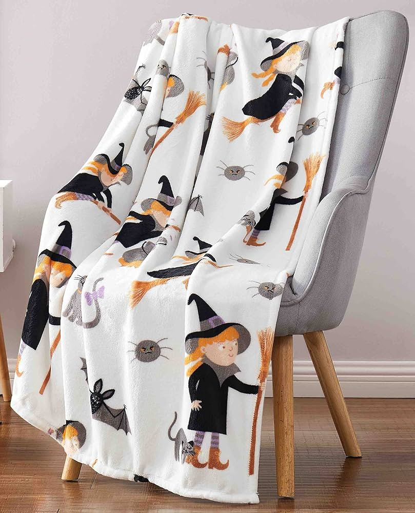Halloween Throw Blanket: Cute Girl Witch with Faithful Cat Surrounded by Spiders and Bats Print o... | Amazon (US)