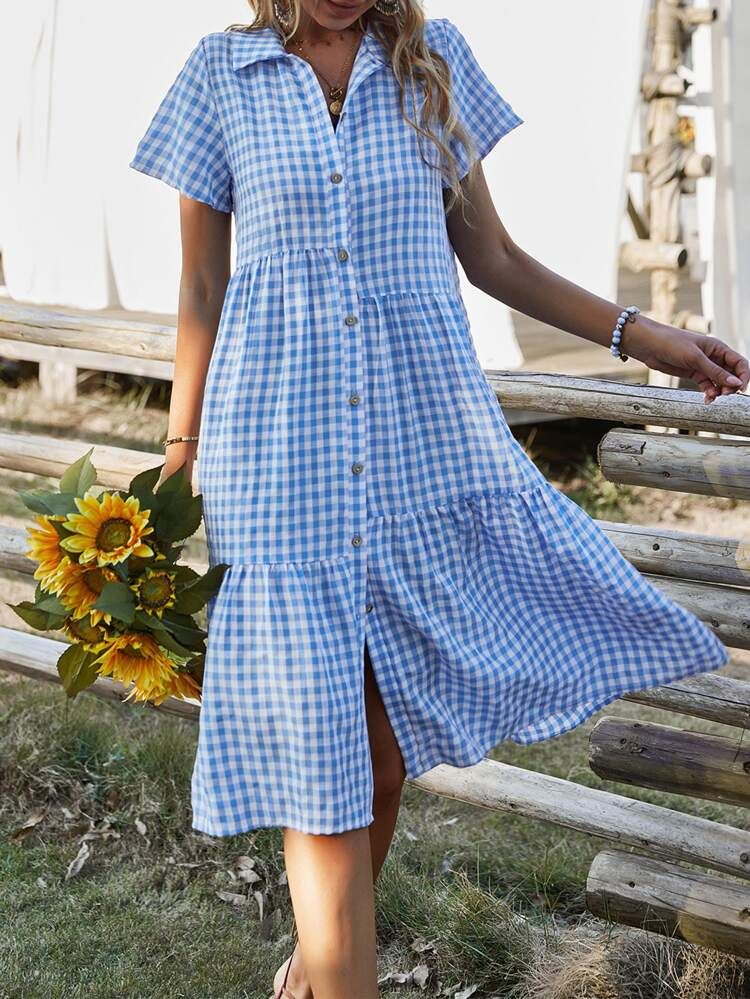 Gingham Button Front Ruffle Hem Shirt Dress | SHEIN