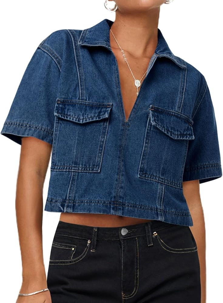 Cicy Bell Womens V Neck Denim Crop Tops Summer Y2k Going Out Jean Shirts Loose Fit Short Sleeve C... | Amazon (US)