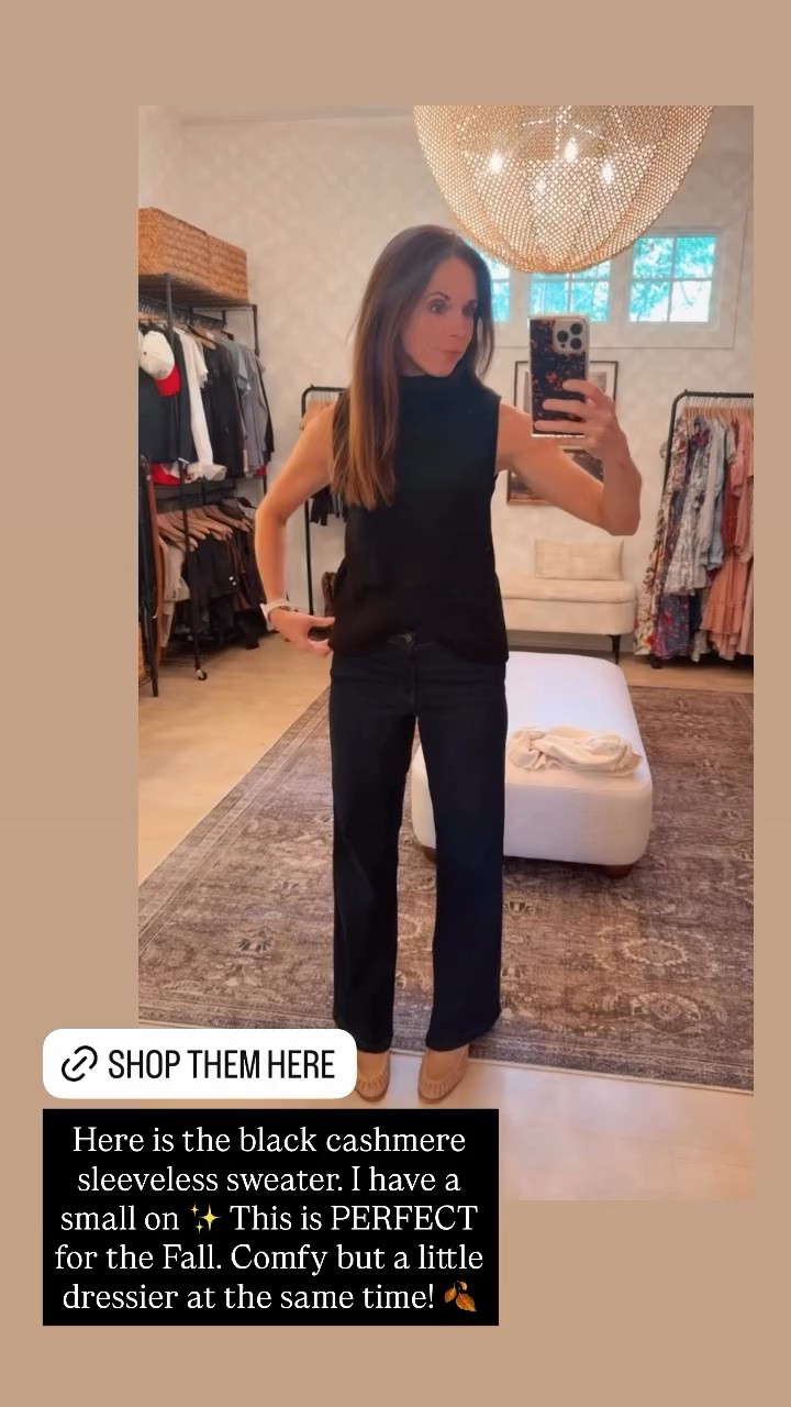 Here is the black cashmere sleeveless sweater. I have a small on ✨ This is PERFECT for the Fall. Comfy but a little dressier at the same time! 🍂