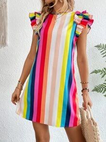 SHEIN VCAY Rainbow Striped Ruffle Trim Dress | SHEIN