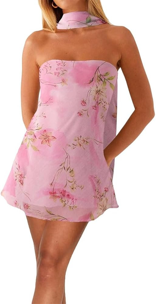 Naileksi Women Strapless Floral Print Mini Dress with Scarf Casual Tube Mesh Short Dress Summer W... | Amazon (US)