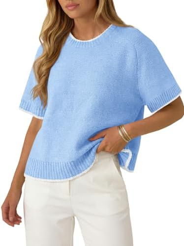 Saodimallsu Womens Short Sleeve Sweaters Casual Crew Neck Lightweight Color Block Loose Fit Summe... | Amazon (US)