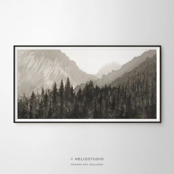 Panoramic Mountain Forest Watercolor Art Print. Sepia Mountain - Etsy | Etsy (US)