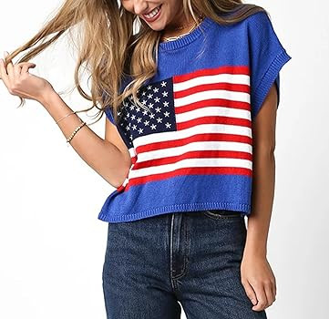 Womens American Flag Sweater Cap Sleeve Summer Crop Tops Crew Neck Loose Fit Knit Sweater Pullove... | Amazon (US)