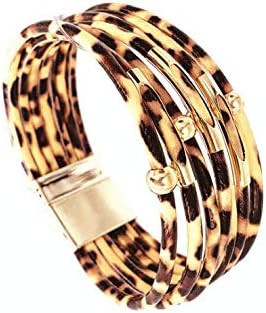 Women Leopard Metal Pipe Bracelet Multilayer Wide Leather Wrap Bangle Gift Bangle | Amazon (US)