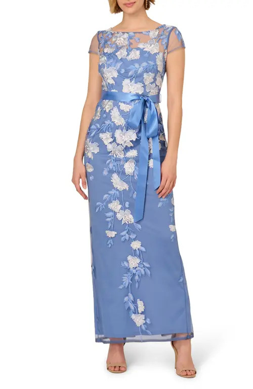 Adrianna Papell Floral Cascading Column Gown in French Blue Multi at Nordstrom, Size 16 | Nordstrom