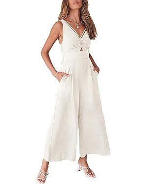 ANRABESS Women's Summer Wide Leg Linen Jumpsuits Dressy V Neck Sleeveless Casual Pants Rompers 20... | Amazon (US)