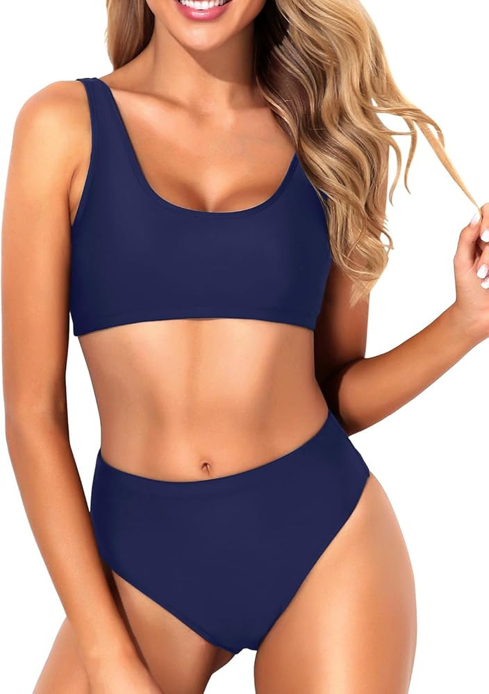 Tempt Me Women Two Piece Scoop Neck Bikini Crop Top Swimsuit Sporty High Waisted Bathing Suit | Amazon (US)