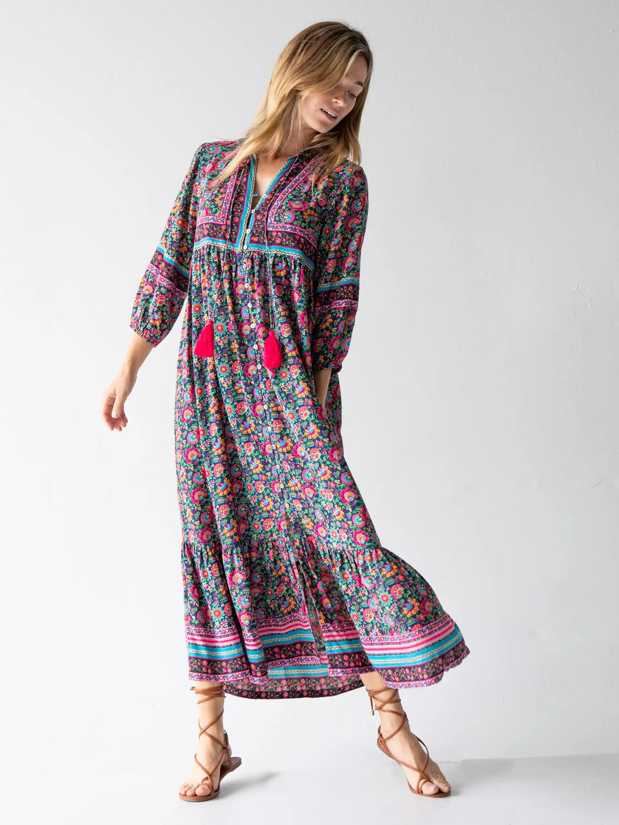 Phoebe Maxi Dress - Black Pink Turquoise | Natural Life