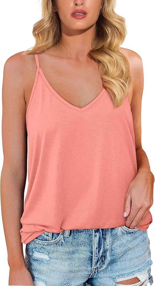 Womens V Neck Spaghetti Strap Tank Tops Sleeveless Shirts Loose Fit | Amazon (US)