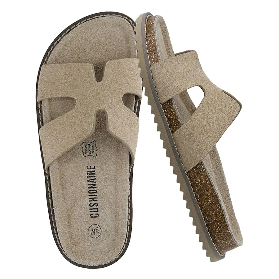 CUSHIONAIRE Wisdom Womens Sandals Cutout Strap Genuine Leather Slides – Slip On Cork Footbed Sa... | Amazon (US)