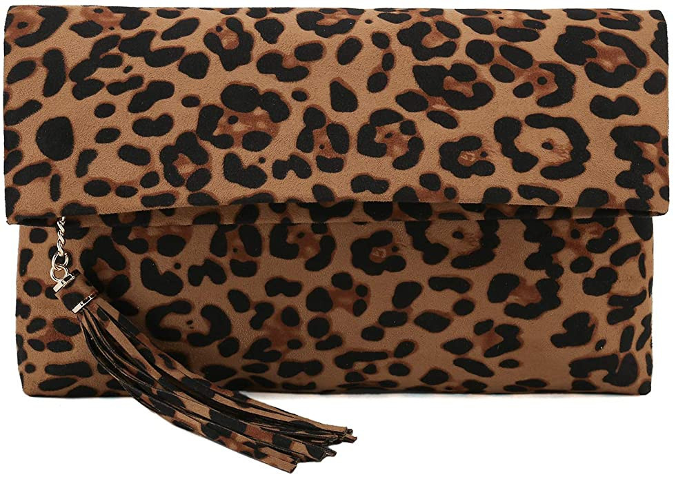Charming Tailor Leopard Clutch Bag for Women Tassel Foldover Clutch Faux Suede Dressy Purse for D... | Amazon (US)