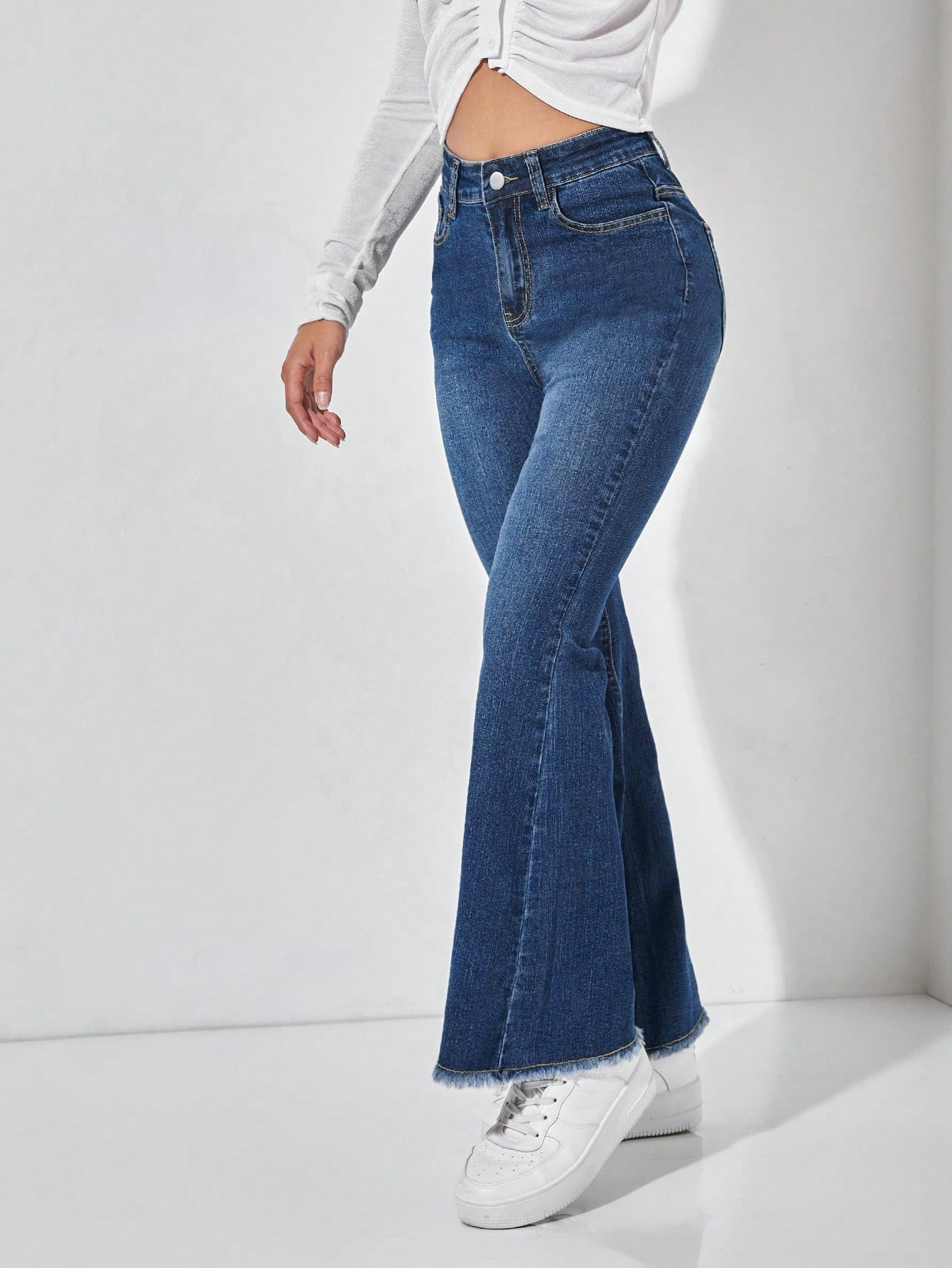 SHEIN PETITE High Waist Raw Hem Flare Leg Jeans | SHEIN